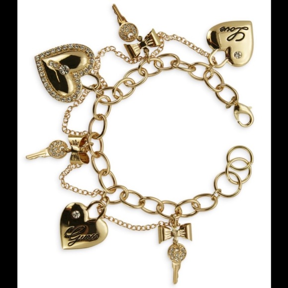 Guess Crystal & Gold Tone Key To My Heart Charm Bracelet - Picture 3 of 3
